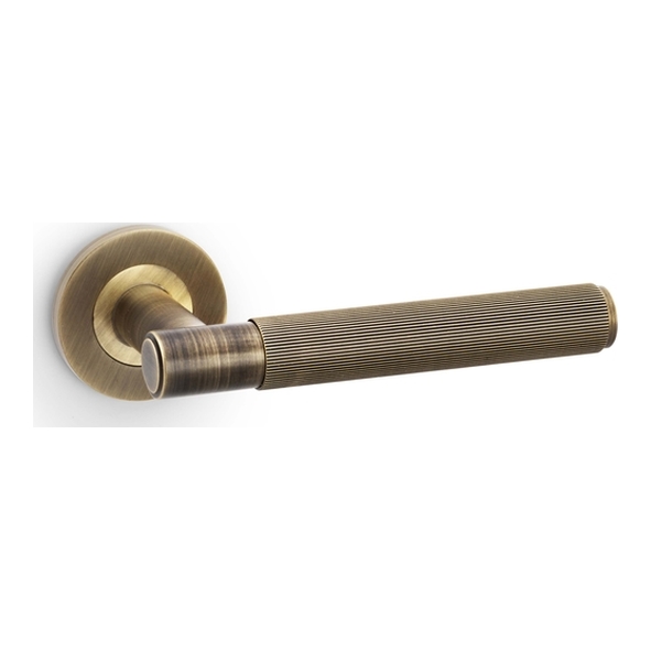 AW222AB • Antique Brass • Alexander & Wilks Spitfire Reeded Levers on Round Roses